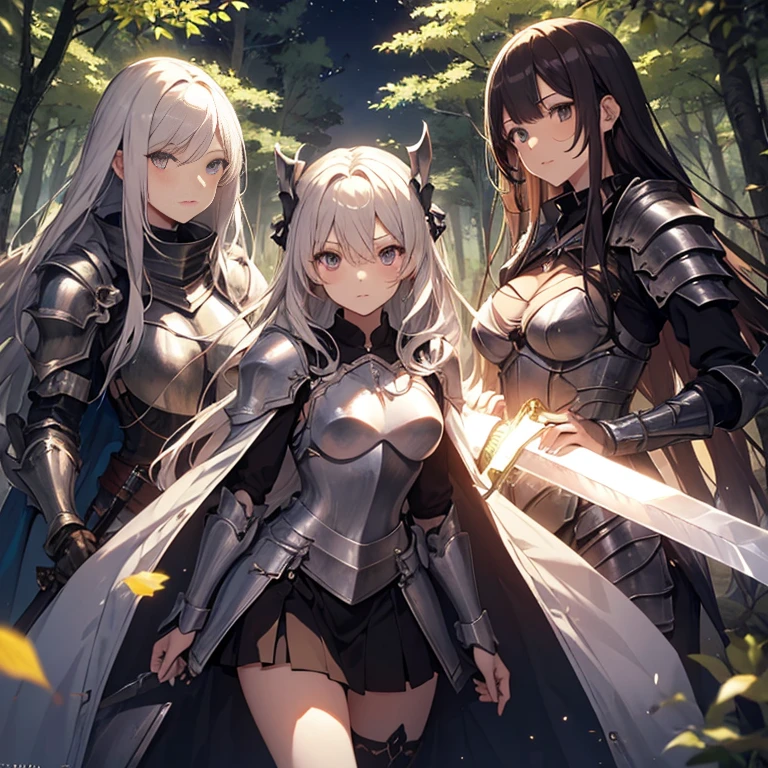 A group of female knight, (in forest), various hair styles, harem, wearing armored clothes, metal armor, night, details face, , short skirt, seducing, sword