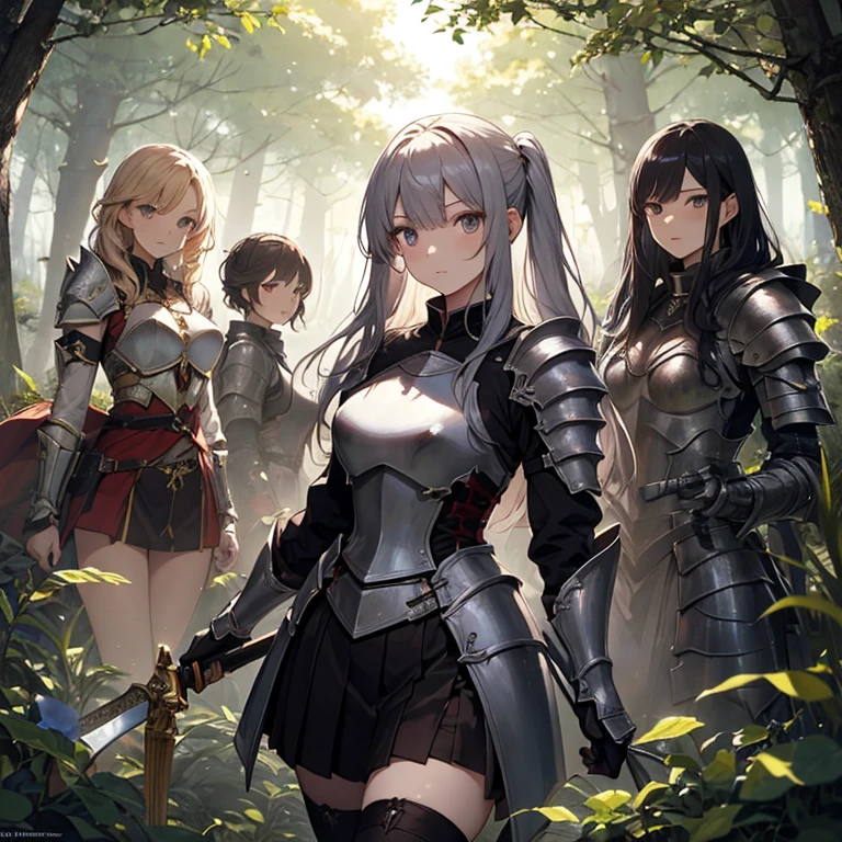 A group of  female knight, (in forest), various hair styles, harem, wearing armored clothes, metal armor, night, details face, , short skirt, seducing, sword 