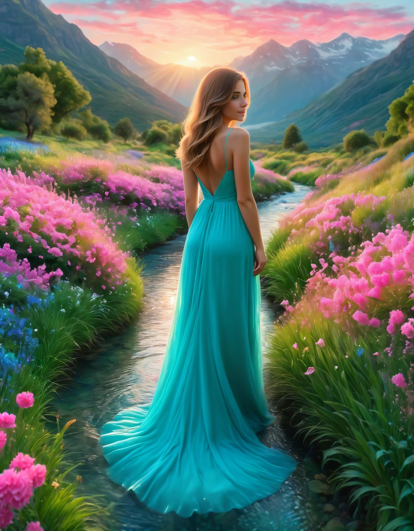 Create an image of a beautiful woman standing in an enchanted garden at sunrise. The woman is wearing a flowing turquoise dress that billows around her as she stands with her back to the viewer. She is surrounded by a sea of vibrant, pink flowers that line a narrow stream running through the scene. The lush green grass on the left contrasts with the vivid pinks of the flowers. The landscape extends to serene turquoise waters in the distance, bordered by majestic mountains. The sky above is a brilliant blue with a few fluffy clouds, and the sun is just rising, casting a warm, golden light over the entire scene. The overall mood is magical and serene, evoking a sense of wonder and tranquility.