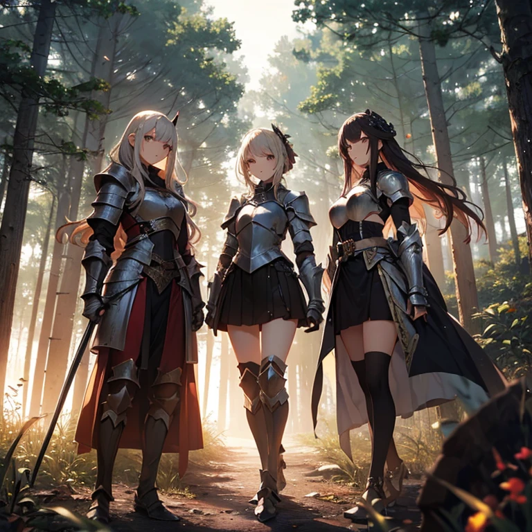 A group of  female knight, (in forest), various hair styles, harem, wearing armored clothes, metal armor, night, details face, , short skirt, seducing, sword 