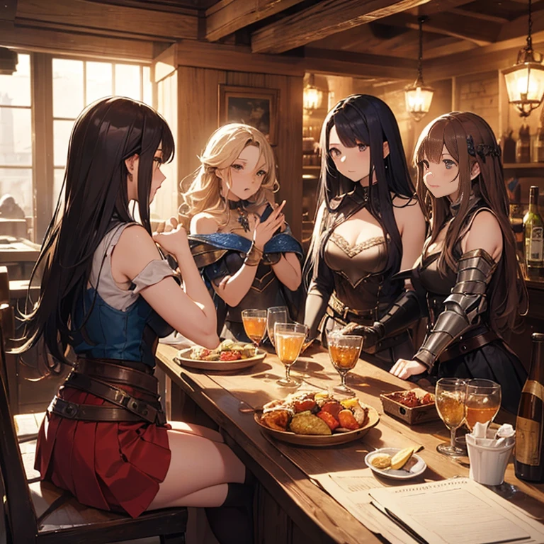 A group of  female medieval fantasy adventurers, (in tavern), various hair styles, harem, night, details face, short skirt, seducing, sleeveless, armor 