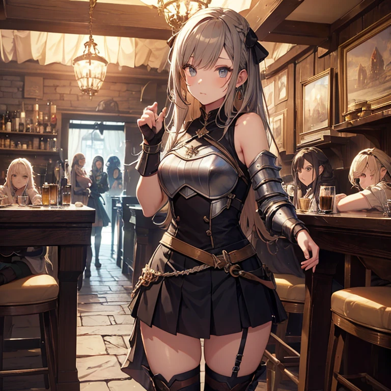 A group of  female medieval fantasy adventurers, (in tavern), various hair styles, harem, night, details face, short skirt, seducing, sleeveless, armor 