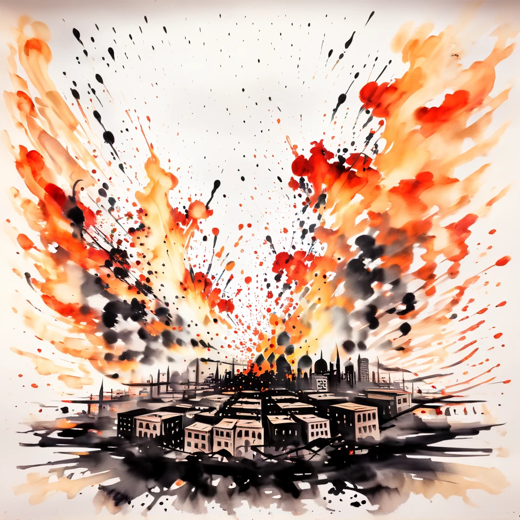 Abstract ink illustration A middle eastern city is on fire, with black smoke filling the sky and red and orange flames leaping from buildings. There are also explosions going on. There is red water splashing everywhere. Focus shot from above
