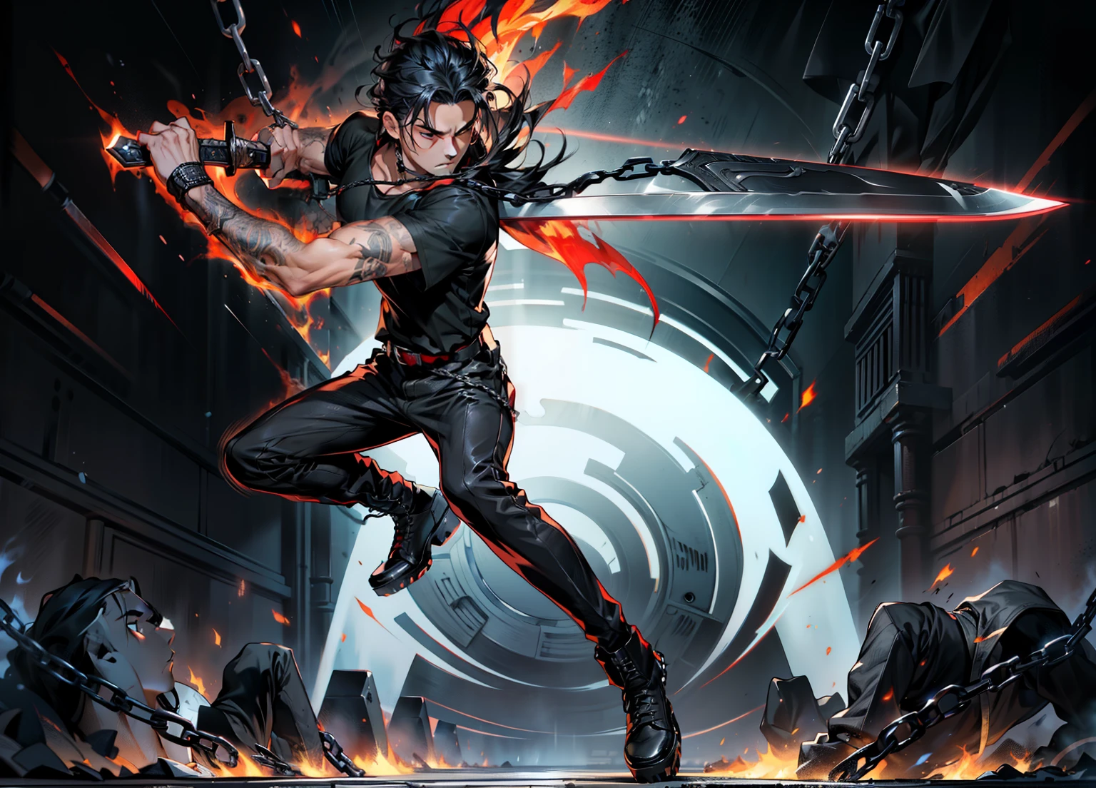 boys 26 Years old, Serious face, black hair, flowing hair, wearing ((black shirt)), black pants, high cut boots, holding sword, flames, chains, giant sword