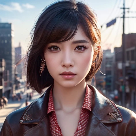 (วอลล์เปเปอร์ CG unity 8k ที่very detailed),(Masterpiece), (best quality), (very detailed), (best illustrations),(best shadow), cowboy shoot, (sharp eyeliner, eyelid, Detailed eyes:1.1), (city background:1.2), ,Take a break , Version 3 (Girls' frontline), , 3D,8k,
