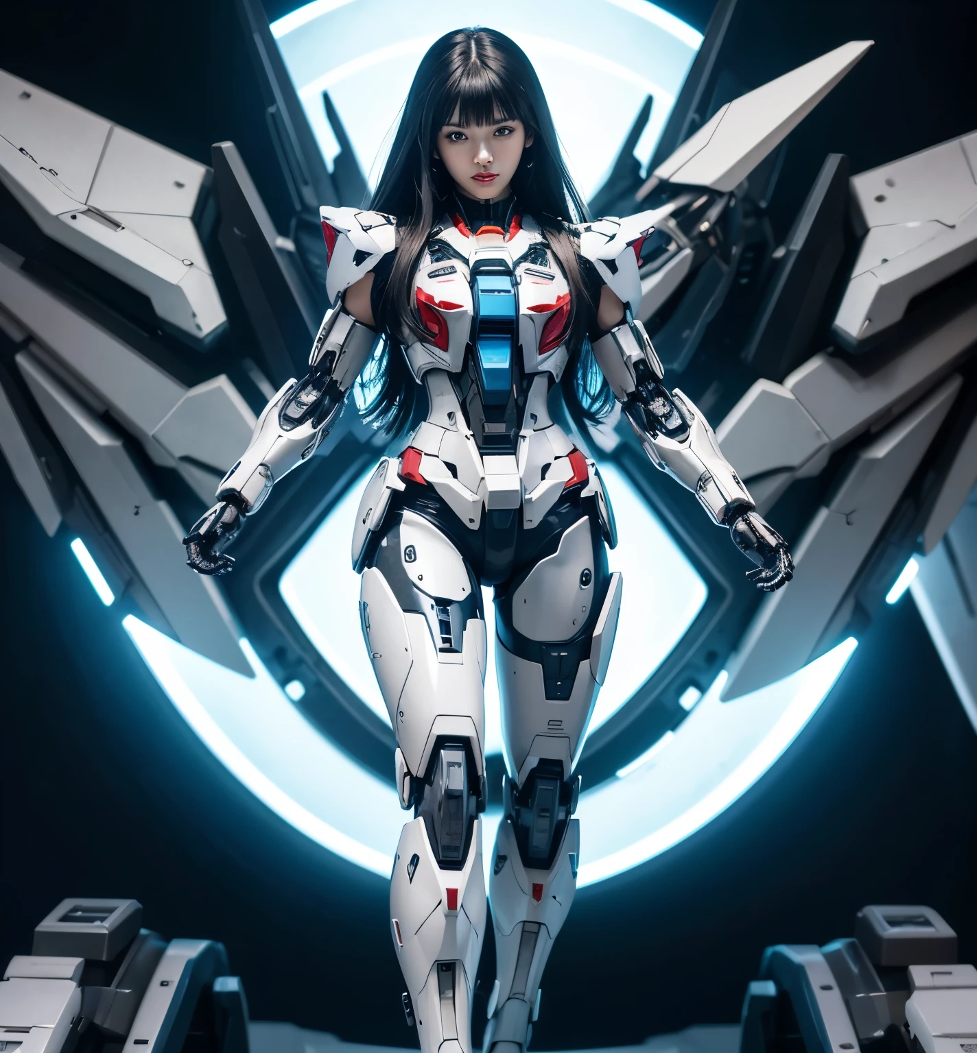 Textured skin, Super Detail, Attention to detail, high quality,high quality, High resolution, 1080p, hard disk, beautiful,(Gundam),Beautiful cyborg woman,Mecha Cyborg Girl,battle mode,Girl with a mechanical body,She wears a futuristic Gundam mecha,Full Body Shot,“A powerful cyborg woman, sleek and futuristic, with advanced mechanical augmentations that enhance her strength and capabilities
