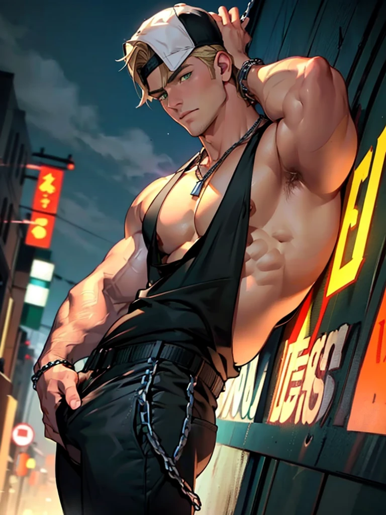 Young man, short blond hair, handsome face, tired expression, green eyes, large muscles, hyper pectoral, thick thigh, large butt. He's wearing a low-cut tank top, black pants, a backwards hat, and a silver chain around his neck, Big bulge. Scenery, party at night.