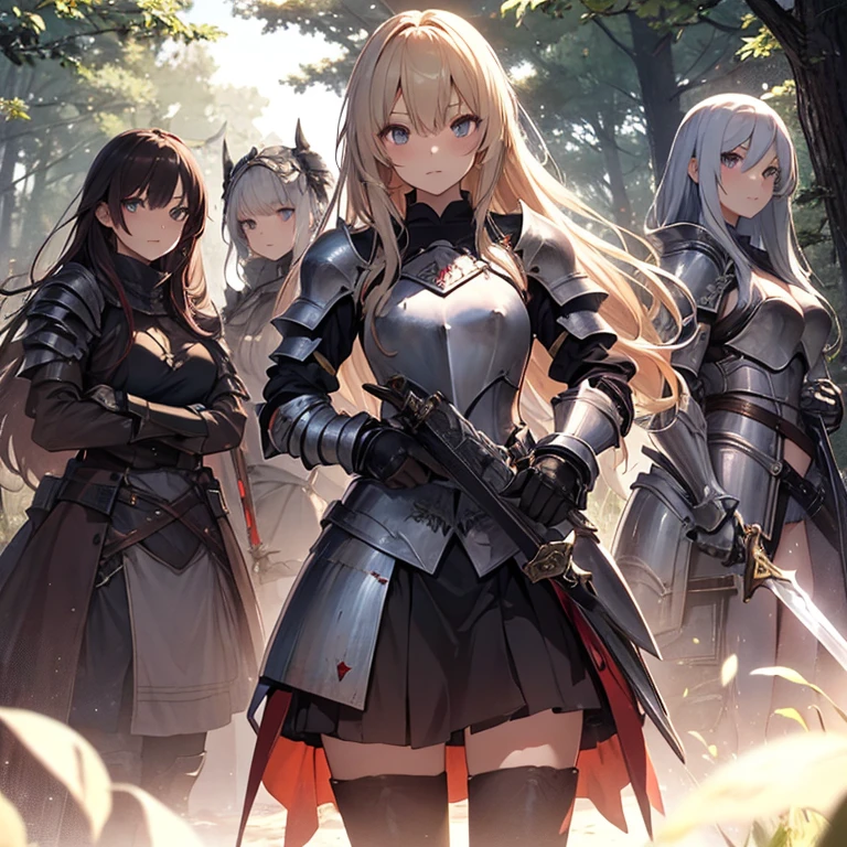 A group of female knight, (in forest), various hair styles, harem, wearing armored clothes, metal armor, night, details face, , short skirt, seducing, sword