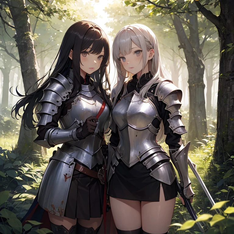 A group of female knight, (in forest), various hair styles, harem, wearing armored clothes, metal armor, night, details face, , short skirt, seducing, sword
