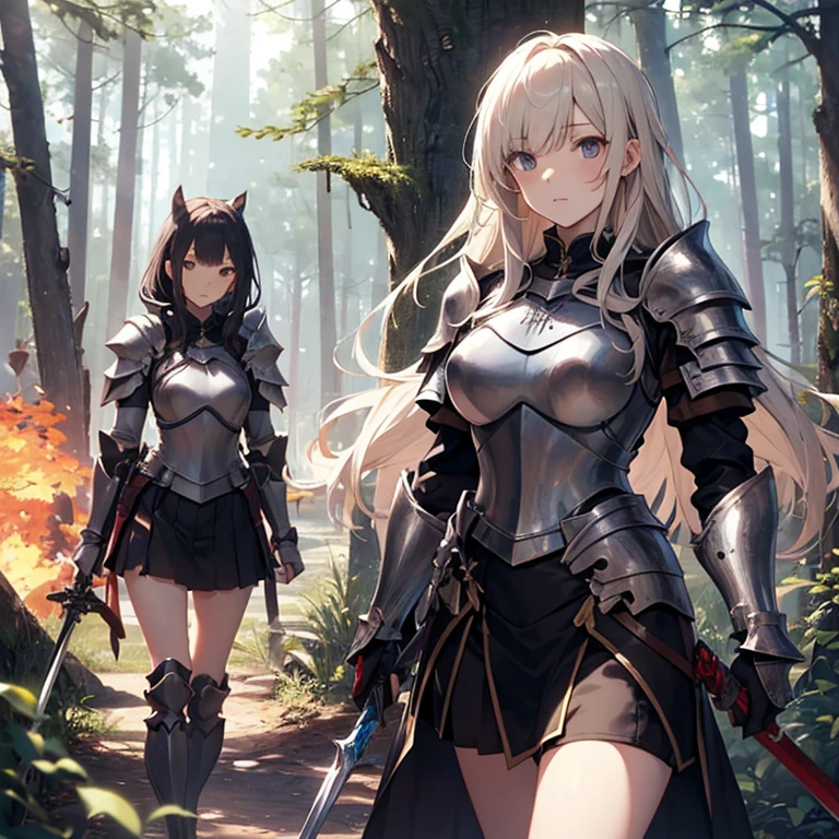 A group of female knight, (in forest), various hair styles, harem, wearing armored clothes, metal armor, night, details face, , short skirt, seducing, sword