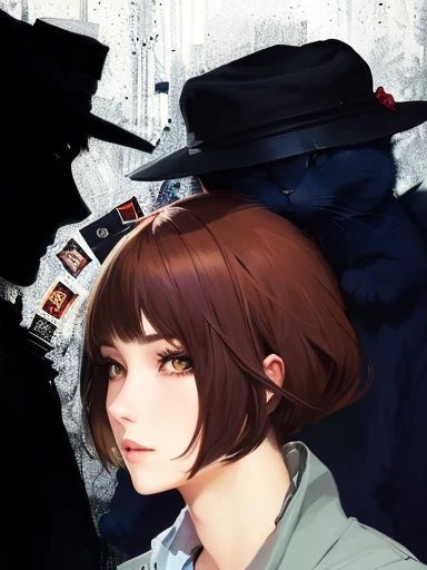 there is a drawing of a woman with a hat and a cat, inspired by Mori Sosen, 【 sciart 💙💜 mson, unknown artstyle, inspired by Edo Murtić, molly from the novel neuromancer, [ digital art ]!!, portrait of max caulfield, detective had on her head, fan art, persona art style, in an anime style