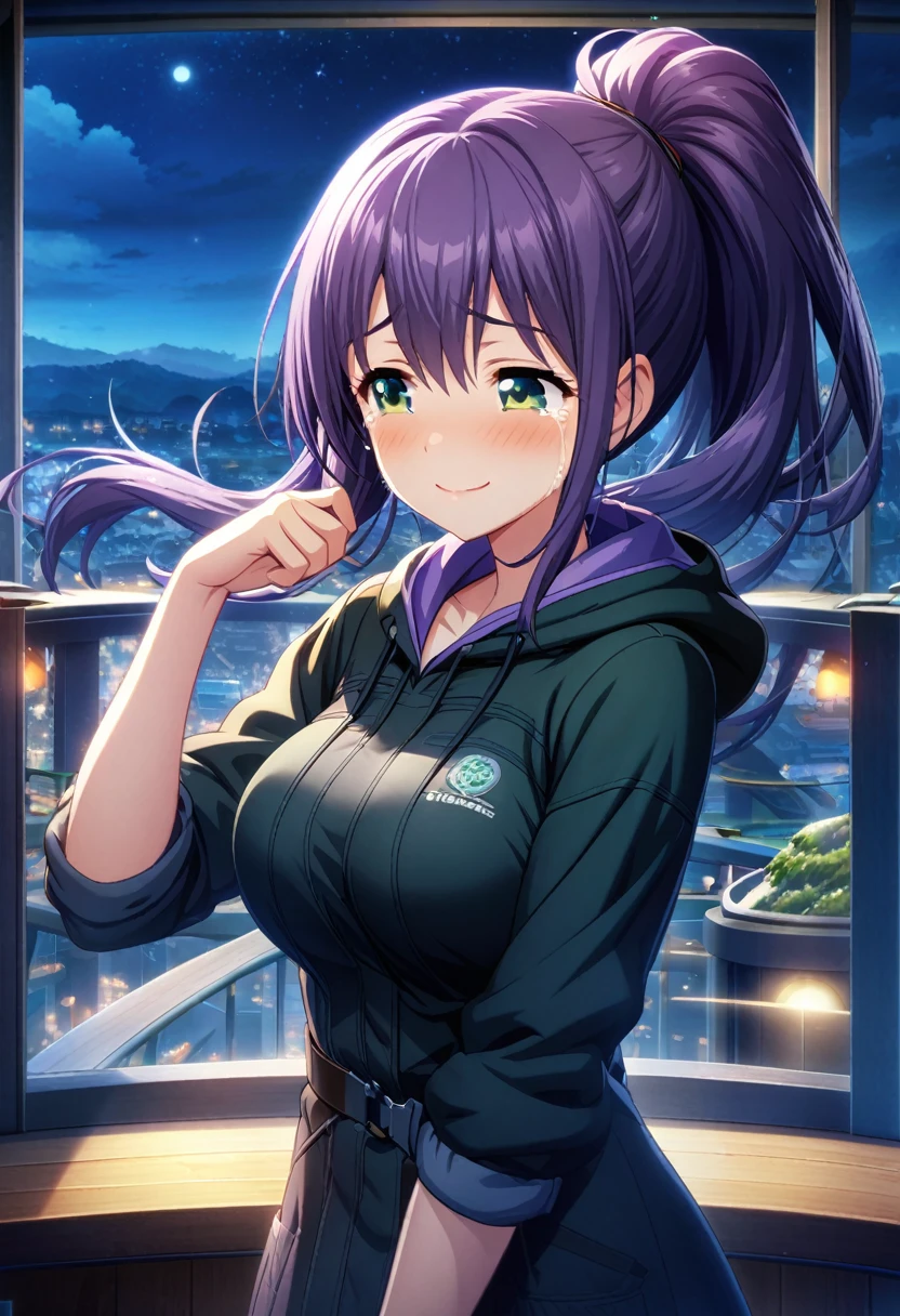 game cg,1girl,purple ponytail hair,green eyes,large breasts,((happy tears)),smile,((tears)),wiping tear,night, ,outdoor observation deck,