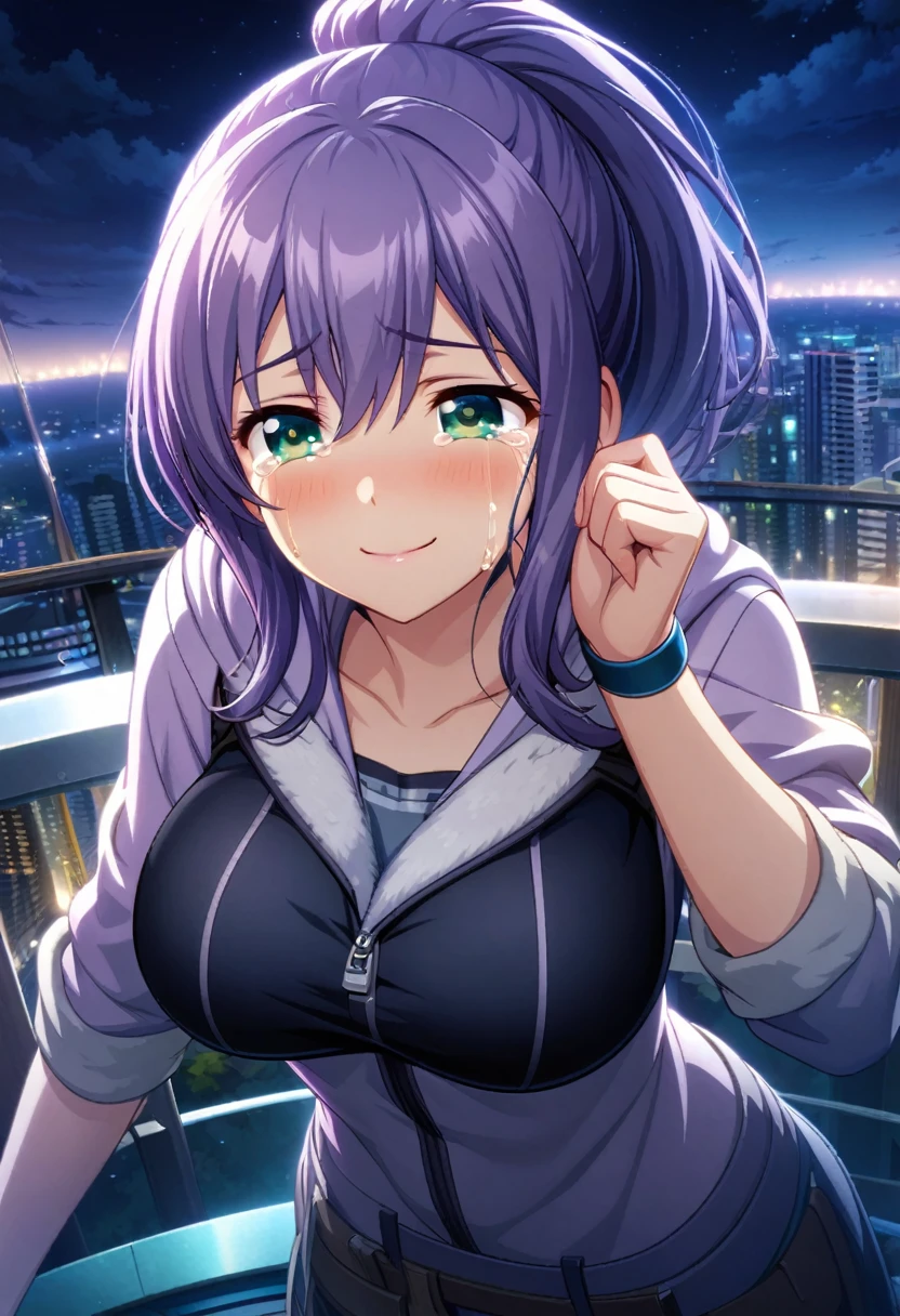 game cg,1girl,purple ponytail hair,green eyes,large breasts,((happy tears)),smile,((tears)),wiping tear,night, ,outdoor observation deck,