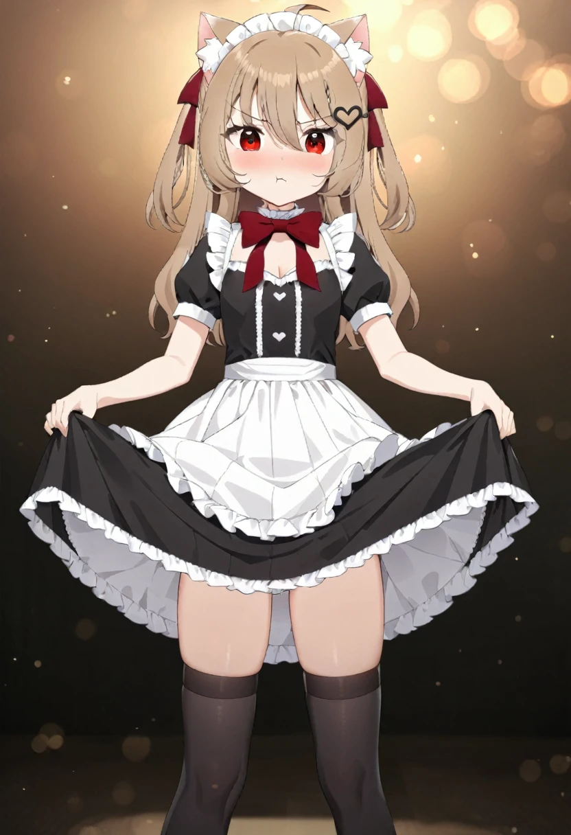 1girl, evil neuro-sama red eyes, light brown hair, ahoge, two side up, hair ribbon, dark red ribbon, heart hair ornament, maid, maid apron, maid headdress, frills, frilled dress, frilled choker, frilled apron, short sleeves, puffy short sleeves, puffy sleeves, red bow, black heart, thighhighs, no shoes, (masterpiece, best quality), highly detailed, finely detailed, blurry background, simple background, depth of field, backlight, light particles, bokeh, cat ears, standing, cleavage, hand on own chest, pout, blush, dress lift, underwear, upskirt, panties, pantyshot, legs apart,