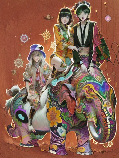 there are two people standing on a colorful elephant with a bird, style of jojolion cover art, psychedelic manga, psychedelic lsd manga, shamanic horror lsd art, psychedelic illustration, psychedelic fever dream, dark psychedelica, yoshitaka amano and junji ito, dreamy psychedelic anime, manga cover art, lsd trip, 6 0 s anime art, psychedelia