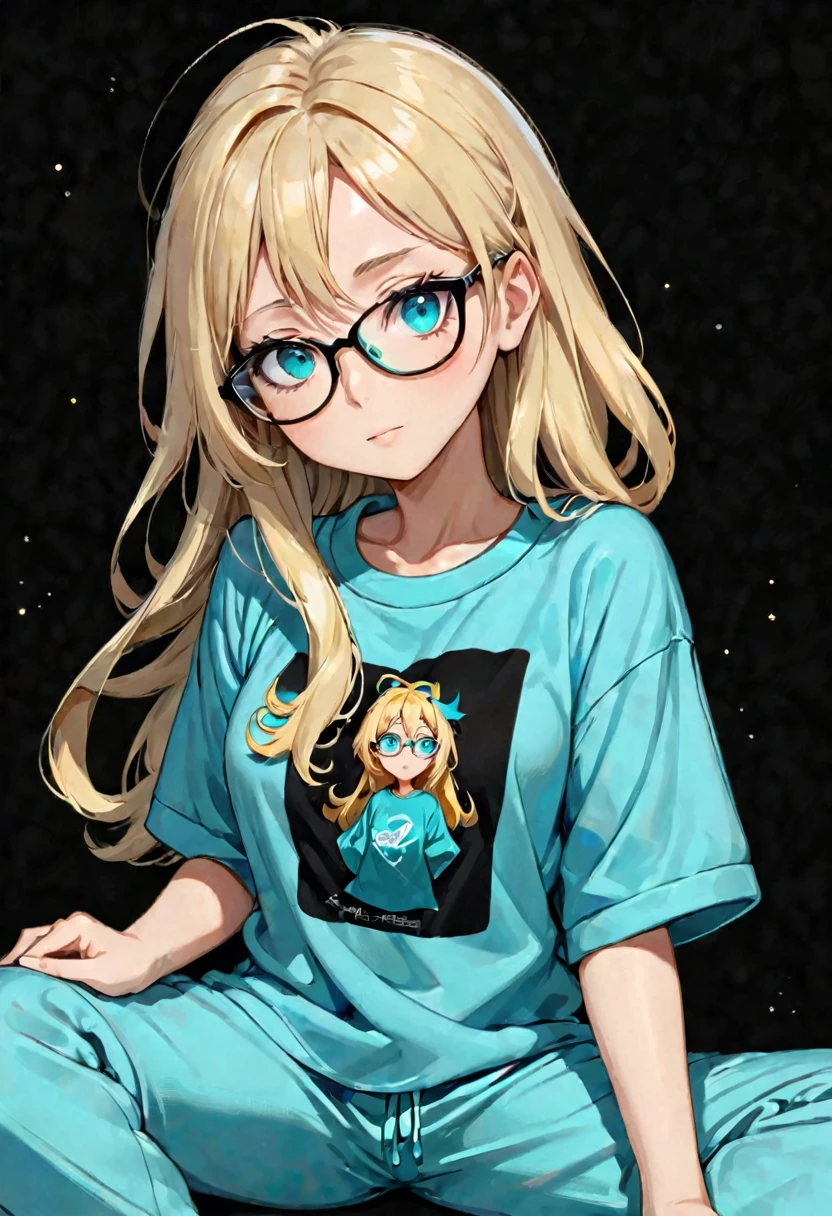 Anime girl, portrait style, black background, long light blonde medium length hair, bright turquoise eyes,black glasses, loose tshirt, pajamas