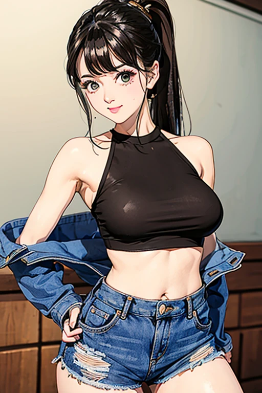 Glossy feel、Glitter sweat、Woman in her 20s、Dance Studio、Dancing hard、Uplifting、Ponytail hairstyle、Brown Hair Color、Upliftingのある髪、smile、Big eyes、Brown Eyes、Upliftingのある胸、Sexy body line、Sexy Hips、Whole body、white tube top costume、Underboob、Denim shorts、high resolution、Eyeliner、Protruding chest