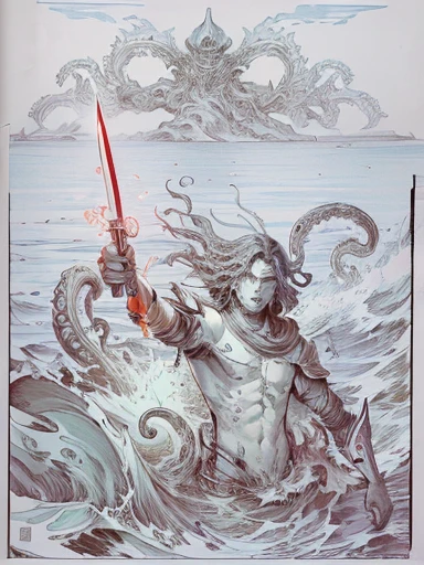 drawing of a man with a knife and a knife in his hand, inspired by katsuya terada, cthulhu rising from the ocean, graphic novel cover art, inspired by Yoshitaka Amano, comic cover, covered with tentacles, detailed cover artwork, cover art, inspired by Philippe Druillet, inspired by Heinrich Kley, tentacles rising from the sea