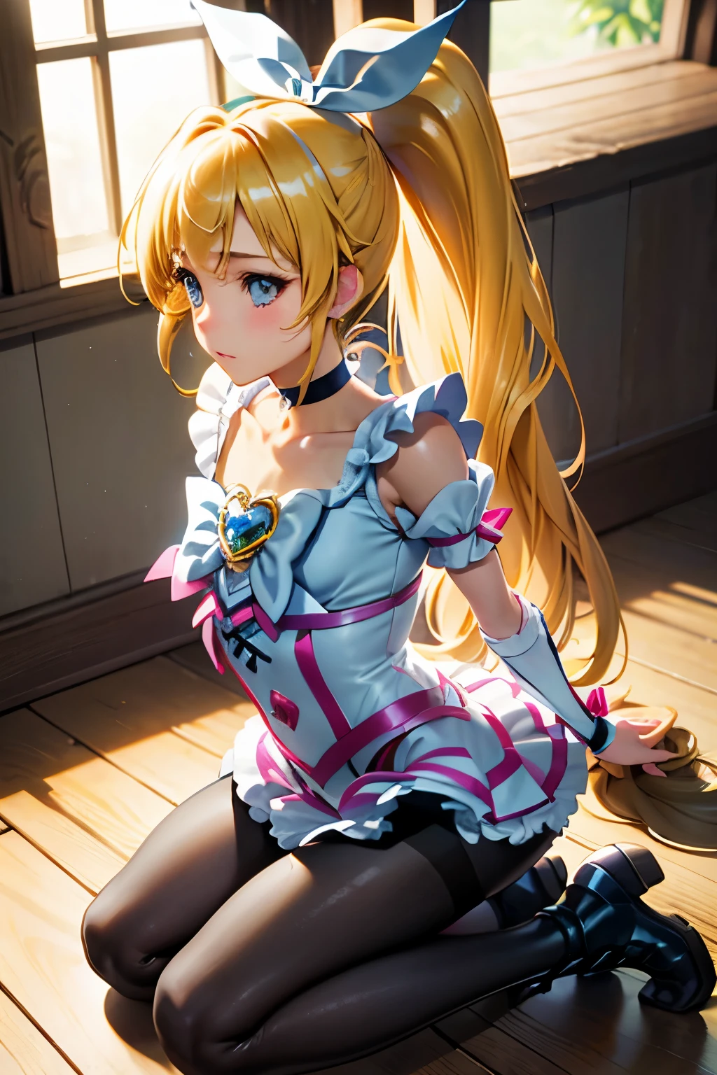 Cure Rhythm、Pretty Cure、Blonde、Long Hair、Medium chest、(Inside the Jail)、One girl、((Pantyhose with holes))、(boots)、ponytail、(Arms are restrained)、Kneeling、(Black Pantyhose)