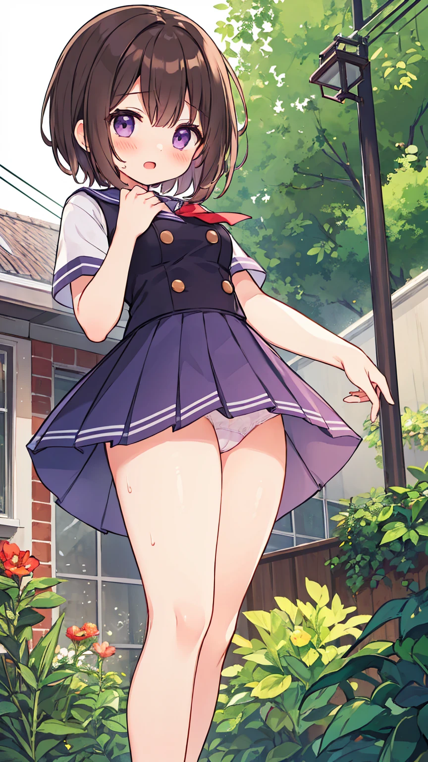 masterpiece,best quality,ultra detail, girl, short brown hair, purple eyes, short skirt, panties in sightsailor uniform,school garden, open mouth, shy, blush, detailed hands, detailed fingers, viewer's view from below, (chibi:0.6), (chibi breast:0.6), (very detailed hands), sweaty thighs