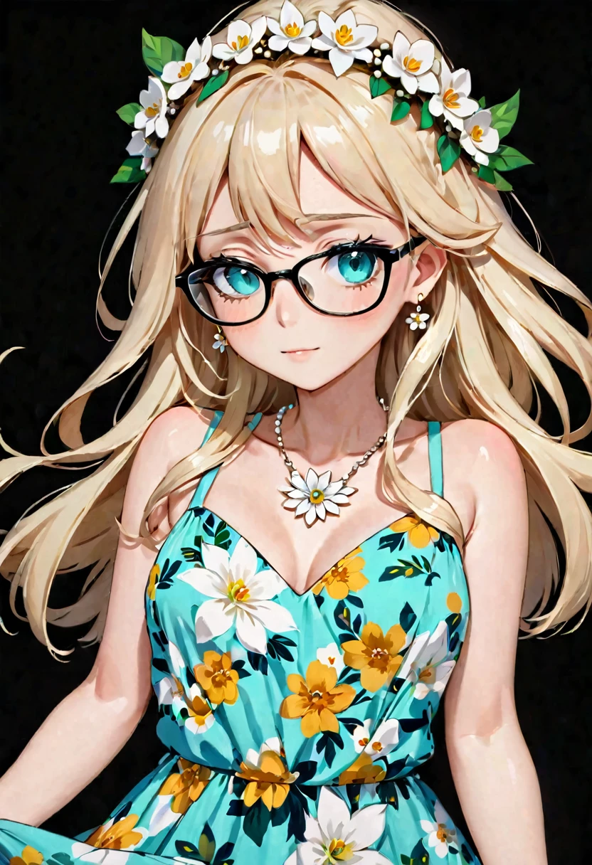 Anime girl, portrait style, black background, long light blonde medium length hair, bright turquoise eyes,black glasses, floral dress, flowy floral white dress, white dress, white floral necklace and earrings, white flower crown