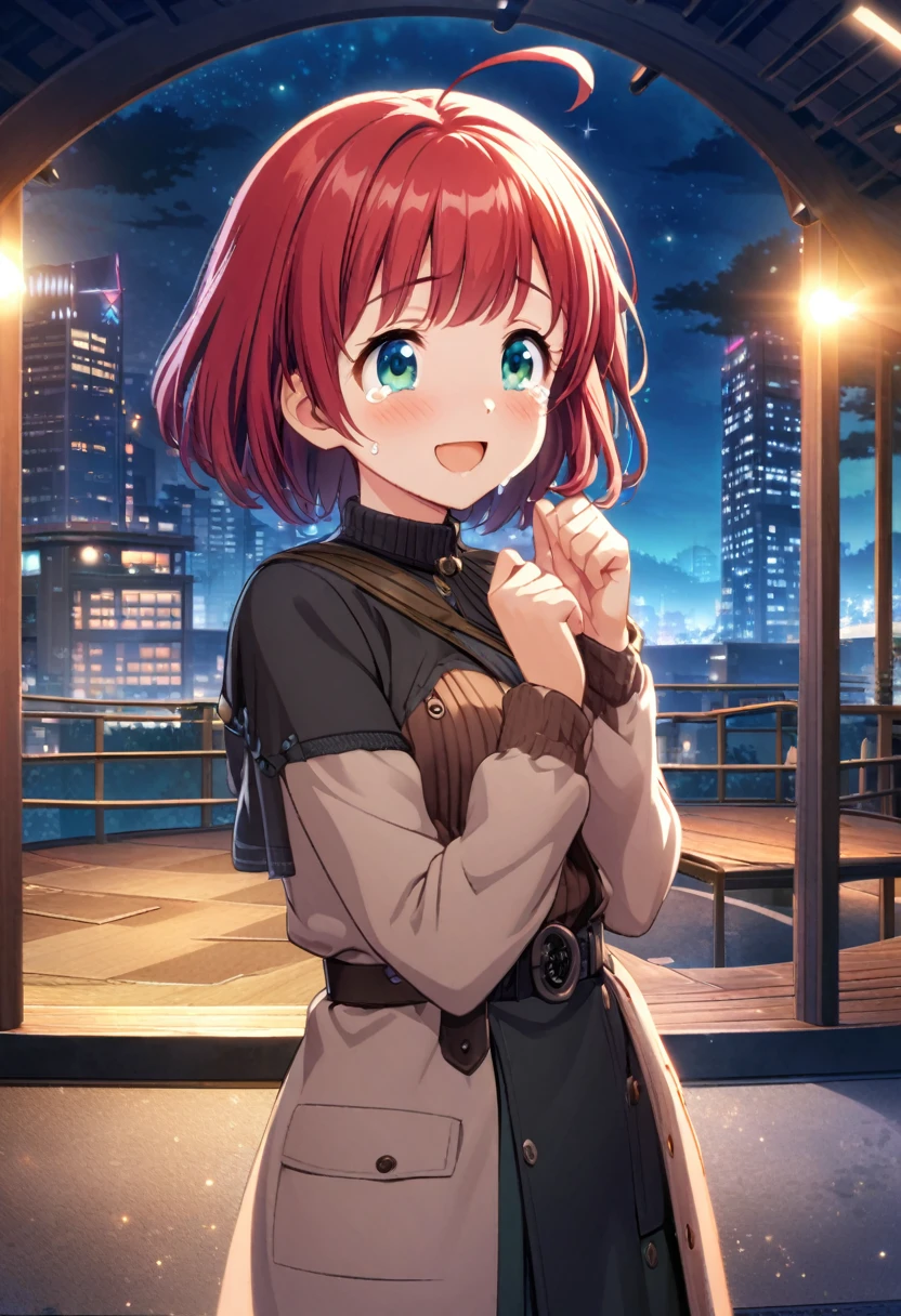game cg,1girl,rubyred hair,bowlcut hair,half circle ahoge,blue green eyes,tareme,((happy tears)),smile,((tears)),wiping tears,night,outdoor observation deck,