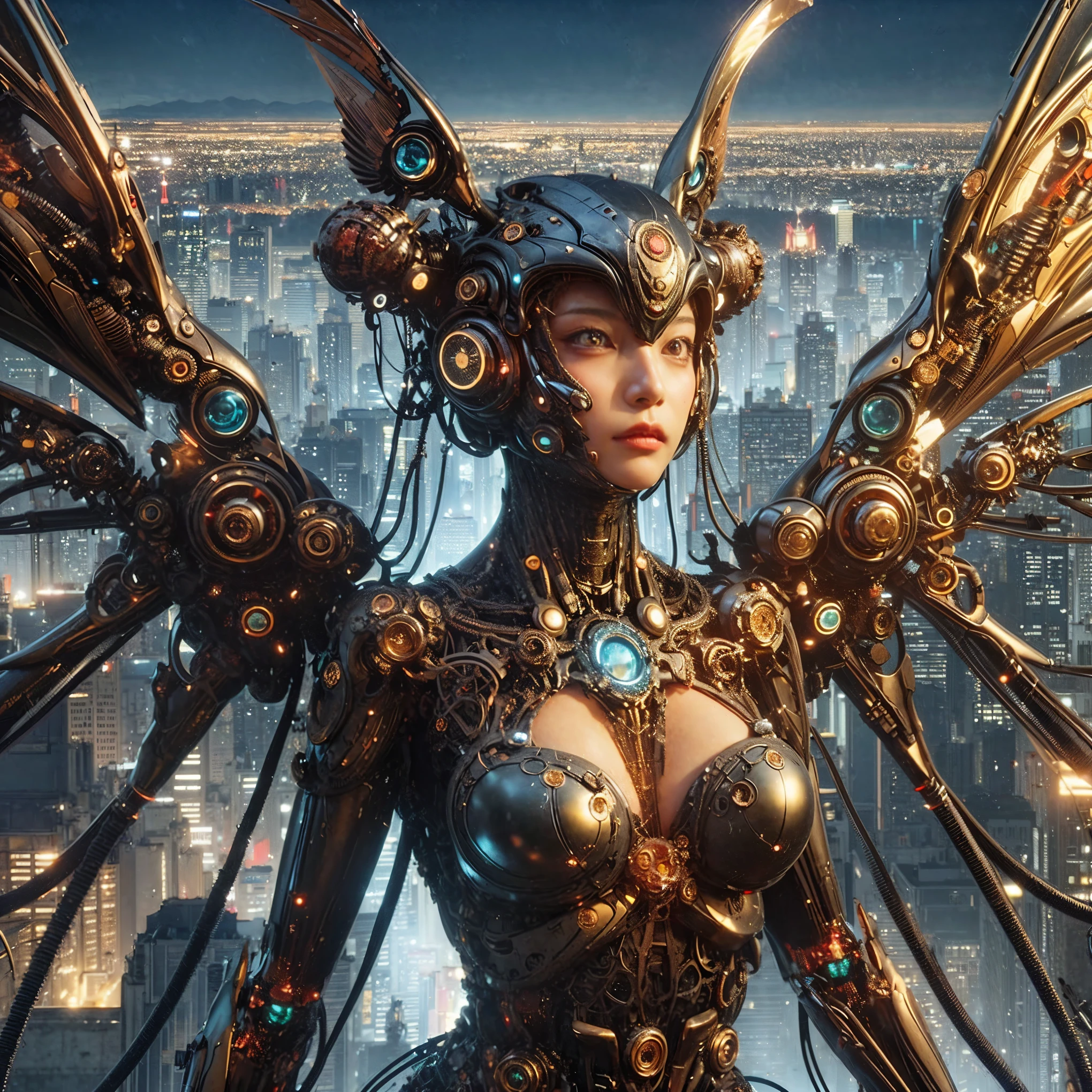 Masterpiece, (ultimate quality:1.2), 8k, Japanese woman in insect-type bio mecha armor, silver base with bronze and gold accents, very beautiful face, mechanical, (mechanical bat wings), hydraulic cylinder, power pipe, muscle fiber, ultimately intricate details, full body shot, (ultimately photo Realistic:1.37), Park with a beautiful view at night, (biological weapon), (biopunk:1.3), Full body photo, Wide-angle shot, Please generate at least 4 photos.