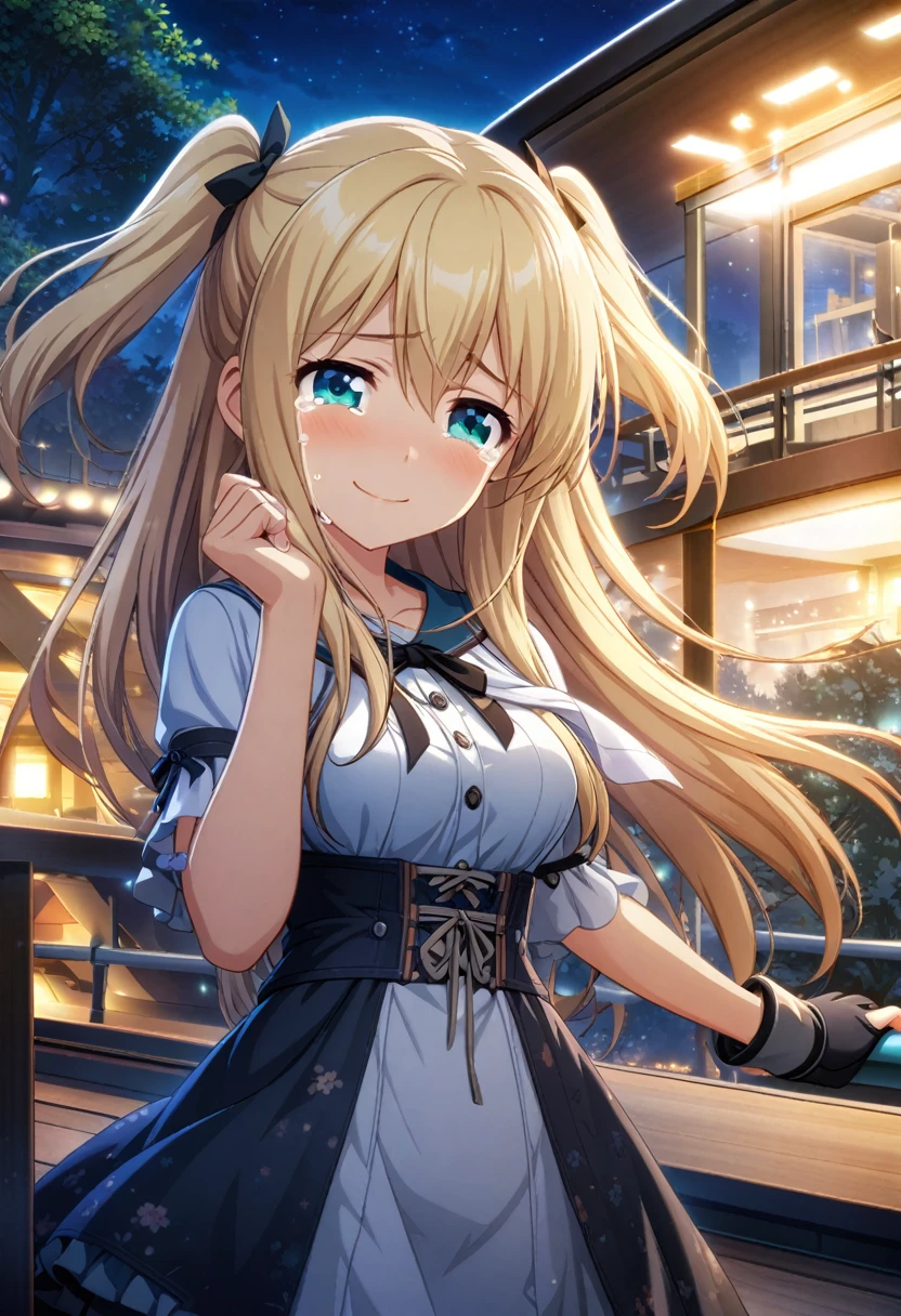 game cg,1girl,two side up,long hair,blonde hair,medium breasts,turquoise eyes,((happy tears)),smile,((tears)),wiping tears ,night,outdoor observation deck,