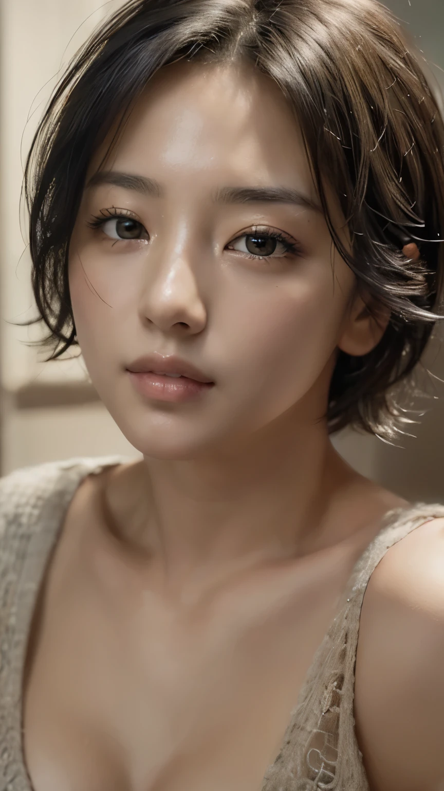 (masterpiece:1.3), (8k, Realistic, RAW Photos, highest quality: 1.4), (One girl), Beautiful Face, (Realistic Face), (Black Hair, short hair:1.3), Beautiful Hairstyles, Realistic eyes, Beautiful fine details, (Realistic Skin), Beautiful Skin, Absurd, Charm, Ultra-high resolution, Ultra-realistic, Very detailed, Golden Ratio, Beautiful breasts, spouse, Rough chest T-shirt, Eyes that invite the viewer, spouse's eyes, Charmな表情, Sexy smile, Perfect Style, Perfect balance, Detailed skin, Naughty Eyes, I can see your chest