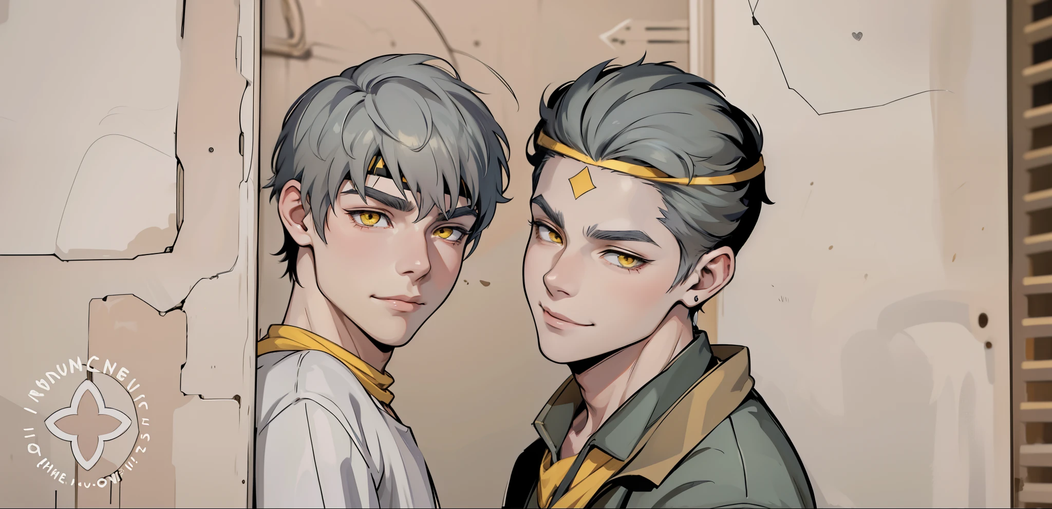 (estilo anime 2d plano)e 16-ar-boy sks evil with hate with a mischievous smile, malevolent irony, white hair, yellow eyes, golden headband jewelry