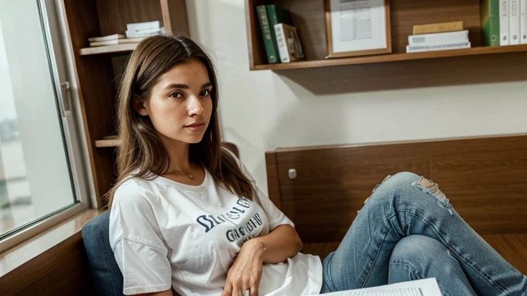 "Crie uma imagem de uma paciente de 35 anos. She must be sitting in a well-lit psychology office, with bookshelves in the background and a table with some papers and a mug of coffee. The patient must have a calm and thoughtful expression, reflecting a moment of introspection and conversation. She should be wearing casual and comfortable clothes, como uma blusa e jeans. The environment should be comfortable and inviting, reflecting a safe and professional therapeutic space."