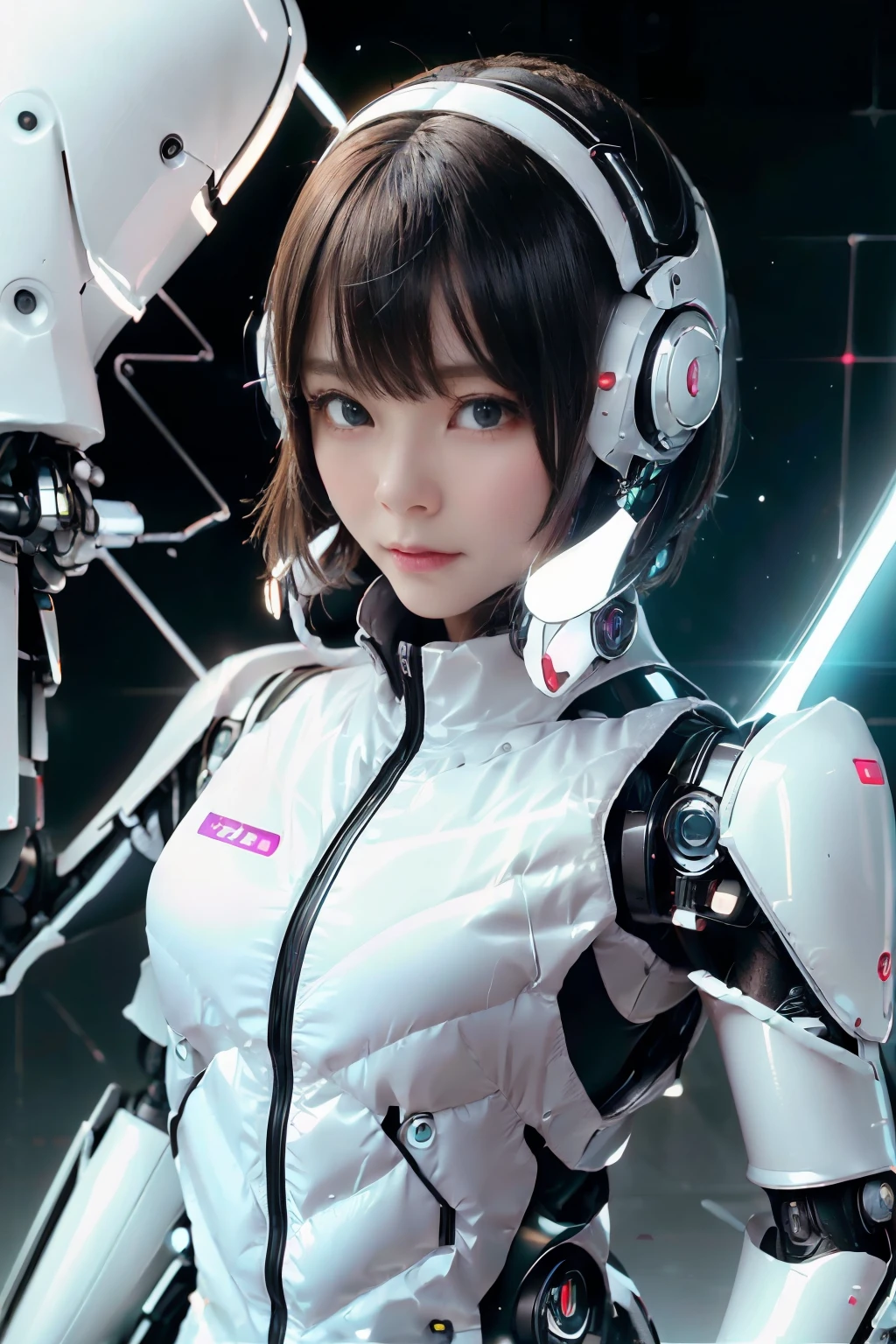 A girl in a futuristic bright white heavily armored robot suit takes a photo、perfect android girl, Female cyborg body, Perfect anime cyborg woman, Beautiful female android!, Female Robot, completely robot!! girl, Cute cyborg girl, Cyber Suit, Girl wearing mecha cybernetic armor, Cyber Suit, beutiful white girl cyborg, Beautiful female android, Beautiful girl cyborg、Cute cyborg girl with short bob hair、Beautiful android sculpture model、(Laughter)、((Rounded, white, sturdy armor))、(((Equipped with long sensor antennas on both ears)))、(((Robot Girl)))、(((Android girls)))、
