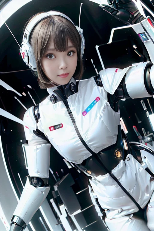 A girl in a futuristic bright white heavily armored robot suit takes a photo、perfect android girl, Female cyborg body, Perfect anime cyborg woman, Beautiful female android!, Female Robot, completely robot!! girl, Cute cyborg girl, Cyber Suit, Girl wearing mecha cybernetic armor, Cyber Suit, beutiful white girl cyborg, Beautiful female android, Beautiful girl cyborg、Cute cyborg girl with short bob hair、Beautiful android sculpture model、(Laughter)、((Rounded, white, sturdy armor))、(((Equipped with long sensor antennas on both ears)))、(((Robot Girl)))、(((Android girls)))、