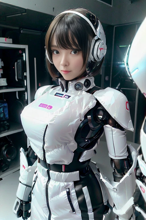 A girl in a futuristic bright white heavily armored robot suit takes a photo、perfect android girl, Female cyborg body, Perfect anime cyborg woman, Beautiful female android!, Female Robot, completely robot!! girl, Cute cyborg girl, Cyber Suit, Girl wearing mecha cybernetic armor, Cyber Suit, beutiful white girl cyborg, Beautiful female android, Beautiful girl cyborg、Cute cyborg girl with short bob hair、Beautiful android sculpture model、(Laughter)、((Rounded, white, sturdy armor))、(((Equipped with long sensor antennas on both ears)))、(((Robot Girl)))、(((Android girls)))、