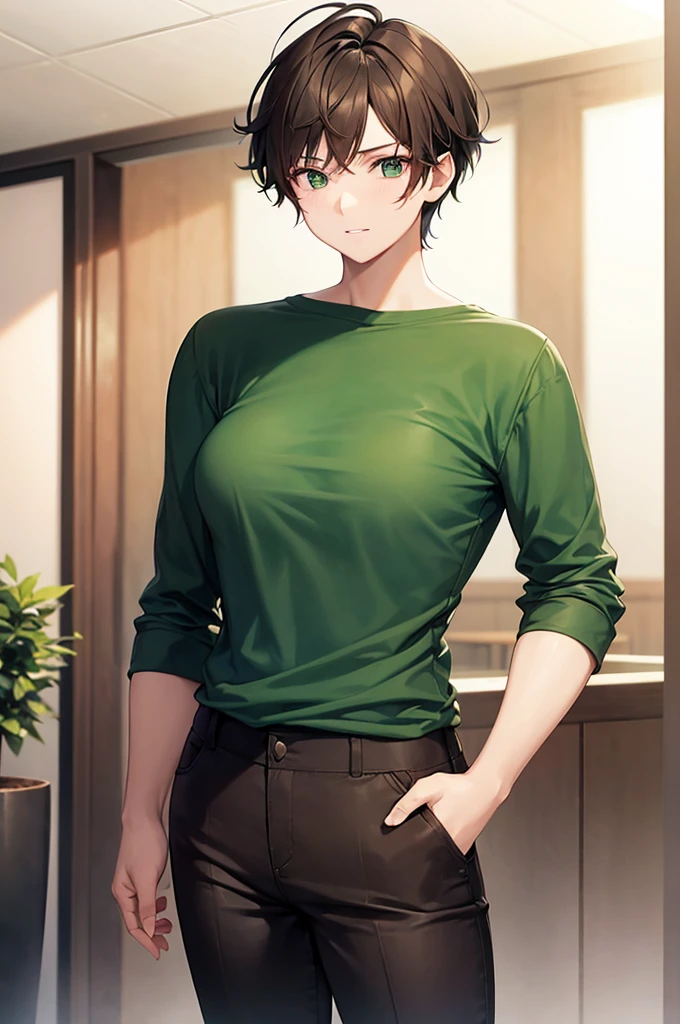 a 20 year old girl wearing an green top and black trousers and has short brown hair (small breast)