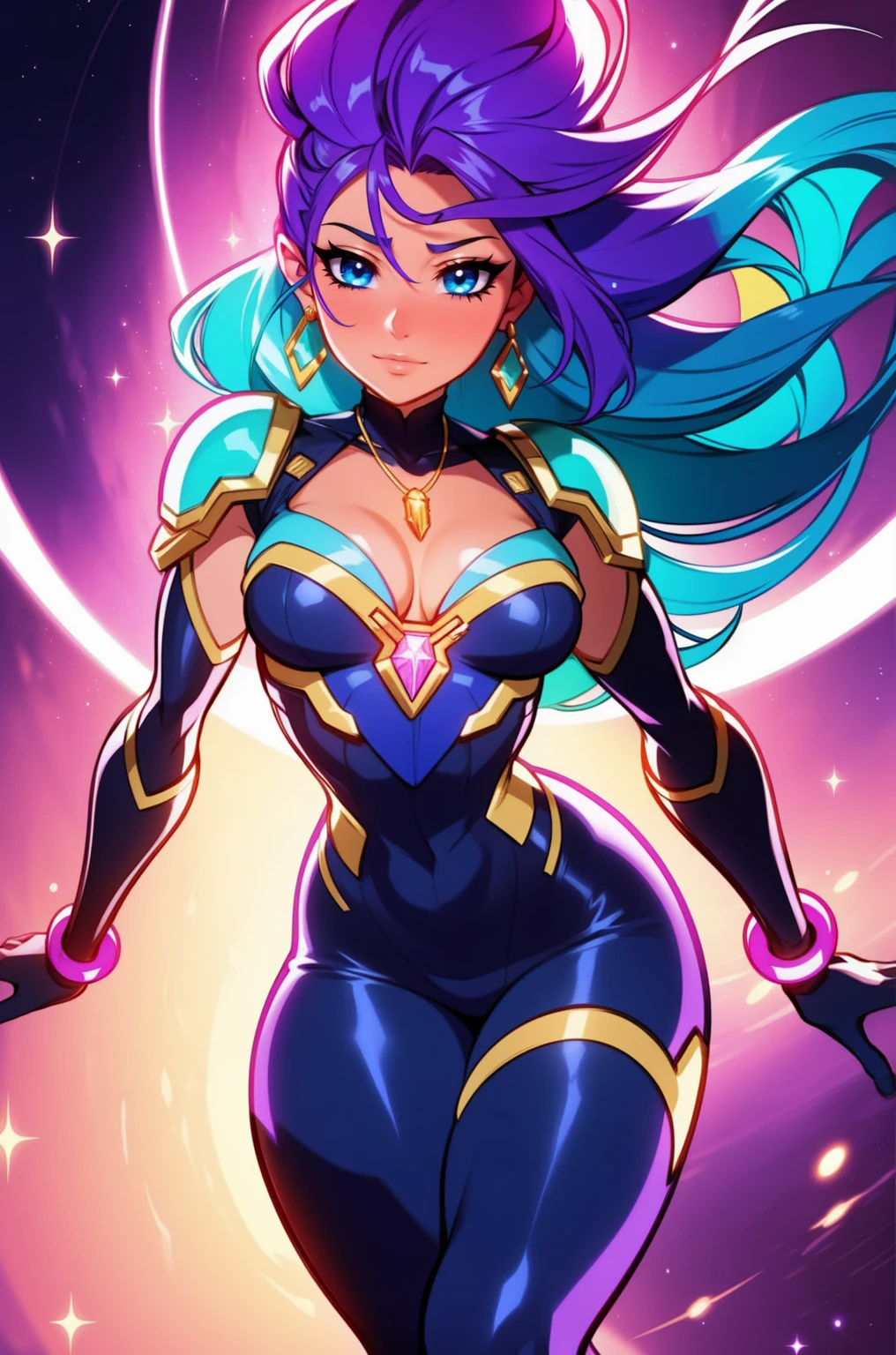 Close-up of a woman with colorful hair and necklace, Space hair anime girls, Soft Brightness Rossdraws, Works in the style of Gouves, fantasy art style, Colorful], bright fantasy style, Rossdraws cartoons are full of energy., cosmic and colorful, Gouvez, Colorful digital fantasy art, amazing art style, beautiful anime style, Full body lighting, skin brightening, sexual expression