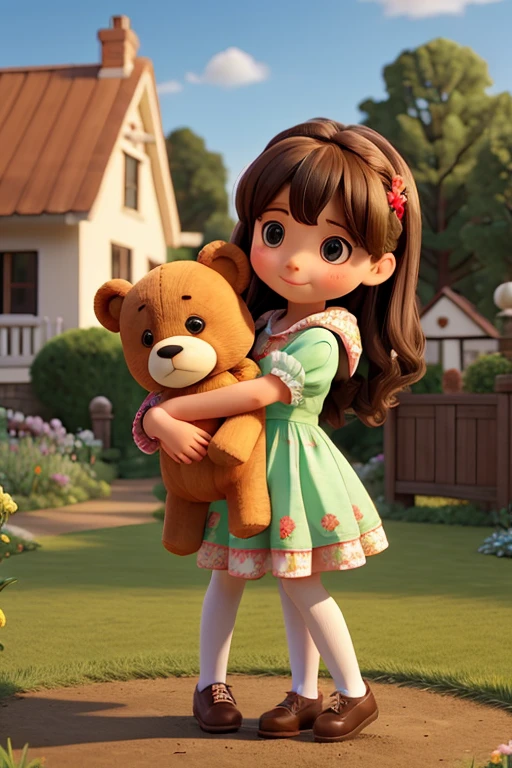 The cute girl in decorated clothes is hugging a teddy bear in the garden near the house.
