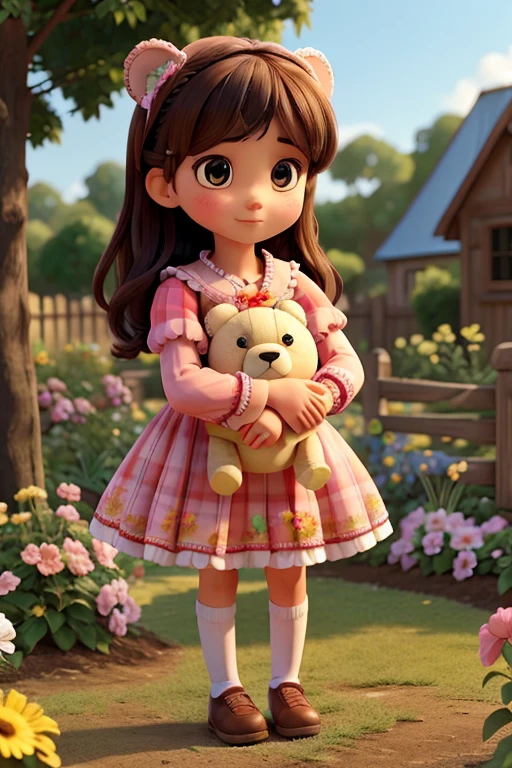 The cute girl in decorated clothes is hugging a teddy bear in the garden near the house.