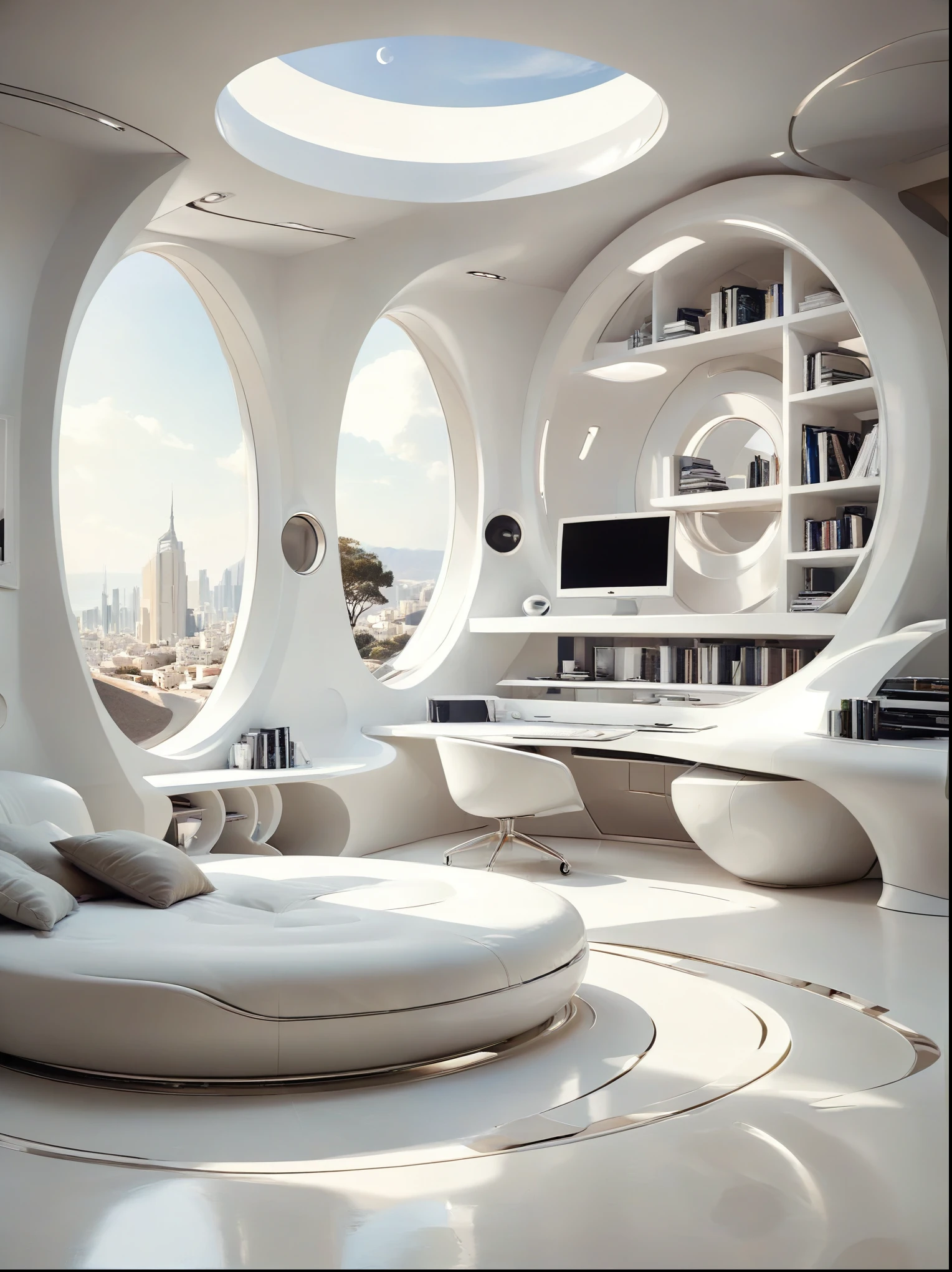 Bedroom study concept for futuristic home incorporates organic fluidity、Circles and geometric shapes，and use artistic imagination to render houses and landscapes, Pure white technology style，Spacious indoor space, style wabi sabi.