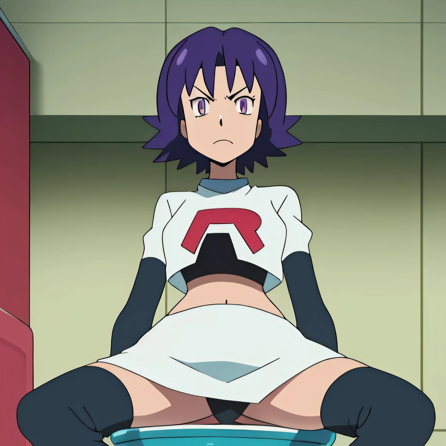 masterpiece,best quality,high res,high quality,8k, masterpiece,highres, team rocket uniform, red letter r, white skirt,white crop top,black thigh-high boots, black elbow gloves, glaring angrily, looking down at viewer, hands on hips, cowboy shot, zettai ryouiki,sitting on toilet.spread legs,from below, black panties,anime art style, vivid colors, sharp focus, intense lighting,profIvy, purple hair