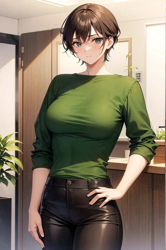 a 20 year old girl wearing an green top and black trousers and has long brown hair (small breast)