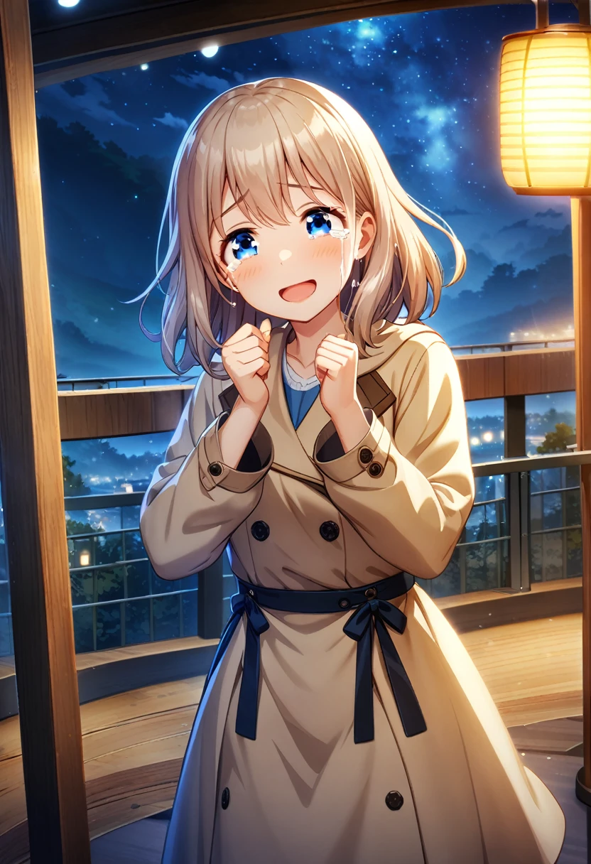 game cg,1girl,light brown color and medium length hair,(blue eyes)+,tareme,((happy tears)),smile,((tears)),wiping tears,night,outdoor observation deck,