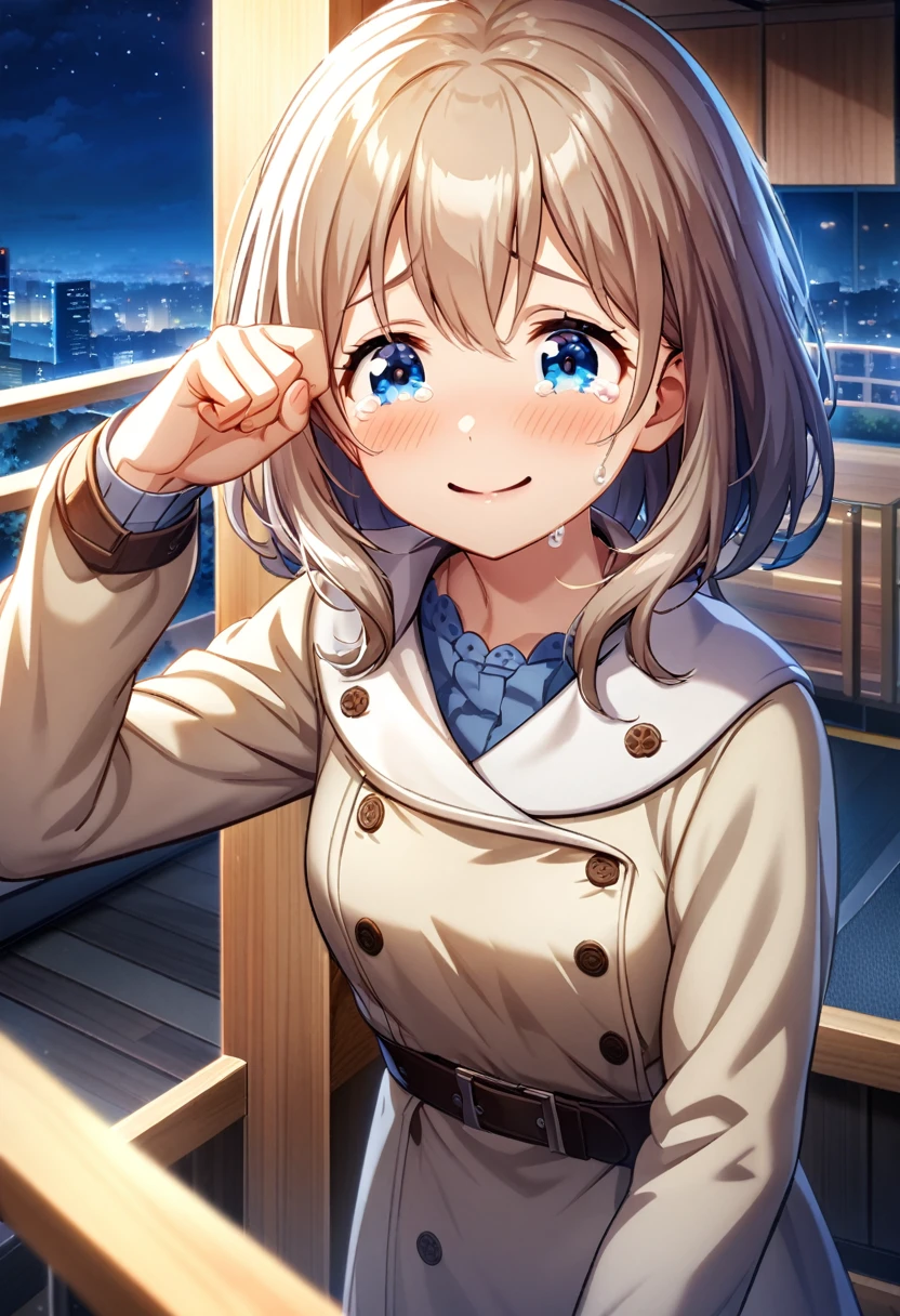 game cg,1girl,light brown color and medium length hair,(blue eyes)+,tareme,((happy tears)),smile,((tears)),wiping tears,night,outdoor observation deck,