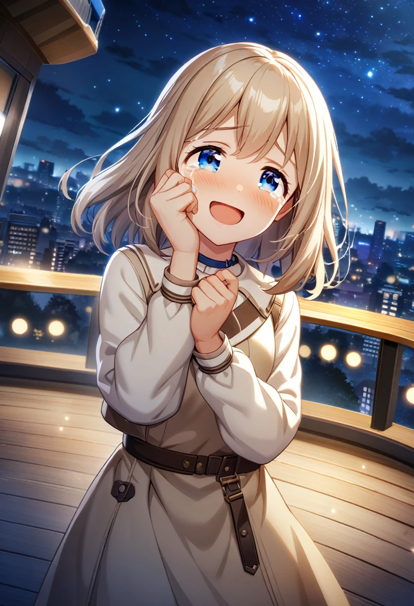 game cg,1girl,light brown color and medium length hair,(blue eyes)+,tareme,((happy tears)),smile,((tears)),wiping tears,night,outdoor observation deck,