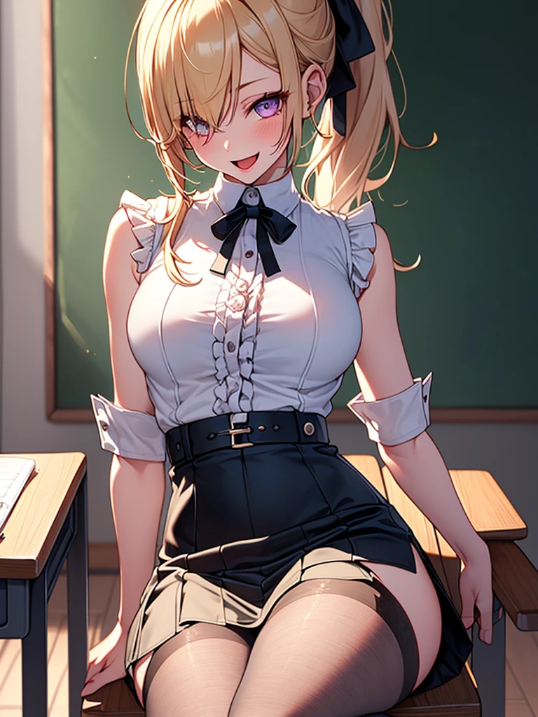 (highest quality, High resolution, perfect pixel, Depth of bounds written, 4K), upper body, (chair), (desk), (looking down), (detailed eyes), (1 lady), tall, (skinny body:1.2), (thin thighs:1.2), (Narrow hips:1.2), (teacher:1.2), (white sleeveless frilled shirt:1.2), middle breasts, blond hair, (ponytail:1.2), (black pencil skirt1.2), (slit), (pantyhose:1.2), (purple panties under pantyhose), (sitting), (crossed legs), (arm behind head:1.2), (skirt lift:1.2), (seductive smile), open mouth,