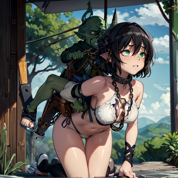 masterpiece, goblin riding, goblin rides a girl, (all fours), 1 Girl, (Body:1.1), (nose hook), reins, Collar, chain, rope, Kohina Miku Shen Shoujin , black hair, short hair, green eyes, , empty eyes, empty eyes, obey, emotionless, inexpressive