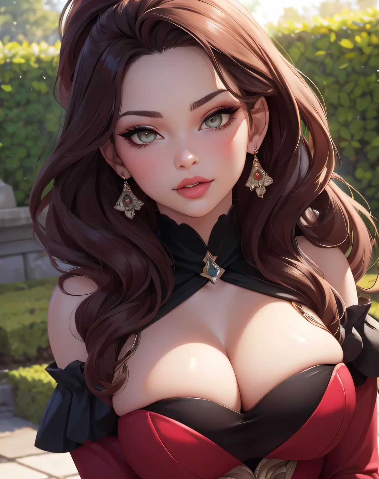 dorothea, red dress 2.0, detached sleeves, cleavage, corset, bare shoulders, (masterpiece, best quality, ultra-detailed), realistic style, very close up shot 2.0, garden 2.0, looking at viewer 2.0, blushing, face shot 2.0, perfect eyes, cute nose, very sexy smile 2.0, very luscious lips 2.0, face shot 2.0, earrings, jewelry, very heavy eyeshadow 2.0, very heavy makeup 2.0, round face, very thick lips 2.0, very glossy lips 2.0, very pouty lips 2.0, shiny skin, lustrous skin 2.0, incredibly pretty 2.0, incredibly beautiful 2.0, very flirty 2.0, very feminine 2.0, very elegant 2.0, face shot 2.0, very curvy 2.0, supermodel face 2.0, very sexy 2.0, face shot 2.0, very heavy eyeshadow 2.0, very heavy makeup 2.0, round face, very thick lips 2.0, very glossy lips 2.0, very pouty lips 2.0, shiny skin, lustrous skin 2.0, incredibly pretty 2.0, incredibly beautiful 2.0, very flirty 2.0, very feminine 2.0, very elegant 2.0, face shot 2.0, very curvy 2.0, supermodel face 2.0, very sexy 2.0, face shot 2.0, face shot 2.0,  very close up shot 2.0