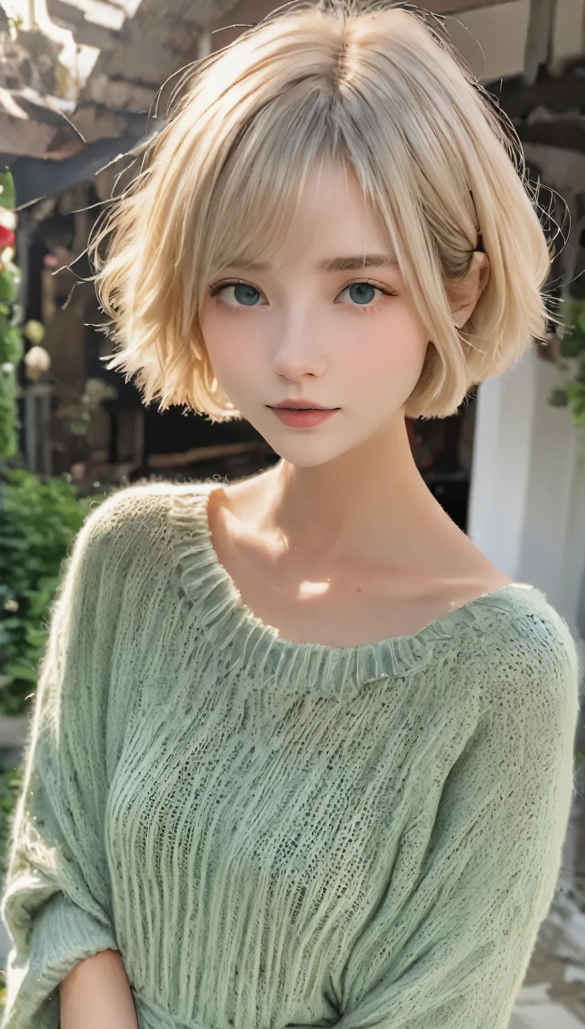 highest quality, 32k, RAW Photos, Unbelievably absurd, Very detailed, A neat and cute beauty, Flowing layered short bob cut, Spacious, Fluffy knit dress, thin, Professional Lighting