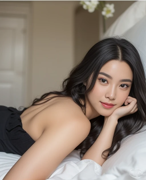 (masterpiece:1.3)、(8K、photographrealistic、Raw photography、top-quality: 1.4)、super definition、oval-face, olive-skin, Anatomically correct、Textured skin、nude-face, ((((1girl in、Solo))))、((Shooting for one person only))、beautiful expression、(Realistic face)、(((Korean model(black wavy long hair、Center division、long:1.3))))、Chinese models(A dark-haired、Center division、long:1.3)、More Korean than Chinese、Realistic eyes、real looking skin、Beautiful details、Beautiful skins、Shy smile、超A high resolution、(Hyper-realistic)、Anatomically correct、Textured skin、Sharp jawline、Perfect proportions 、((Plump bust)) , lingerie , Selfie, lying on the bed, shoot from the side, look at viewr,((Naked))