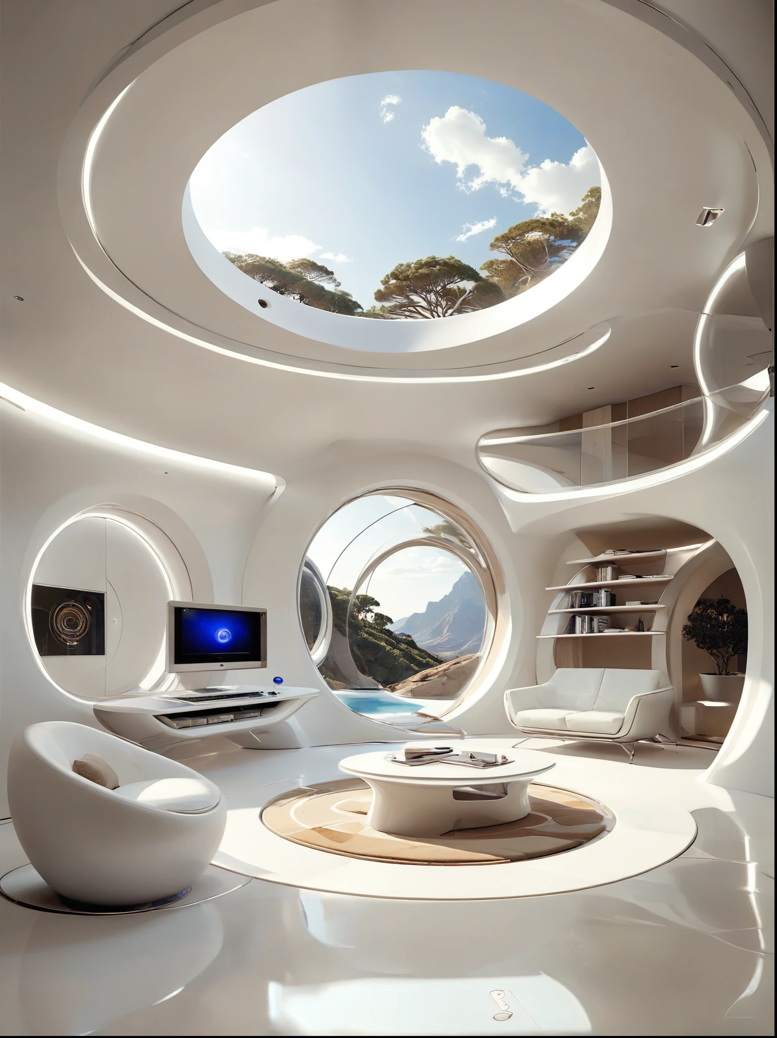 Bedroom study concept for futuristic home incorporates organic fluidity、Circles and geometric shapes，and use artistic imagination to render houses and landscapes, Pure white technology style，Spacious indoor space, style wabi sabi.